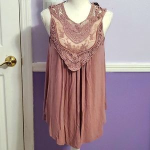 CY Mauve Boho Romantic Lace Flowy Sleeveless Modal Tunic Top S
